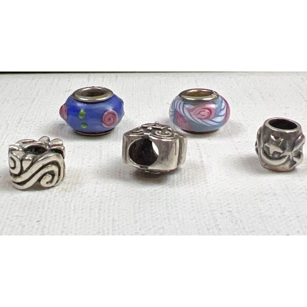 5 Sterling 925 Silver Blue‎ Pink Flowers Moon Star Glass Murano? Slide Charms
